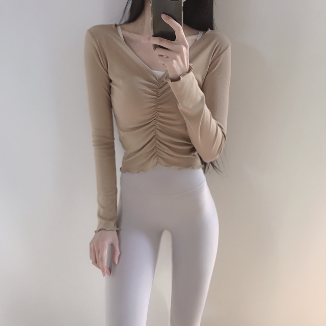 로라벨 프릴셔링 필라테스복 여성 요가복 필라테스 요가 상의 티셔츠 옷 커버업 크롭 복장 - 상세 이미지 2