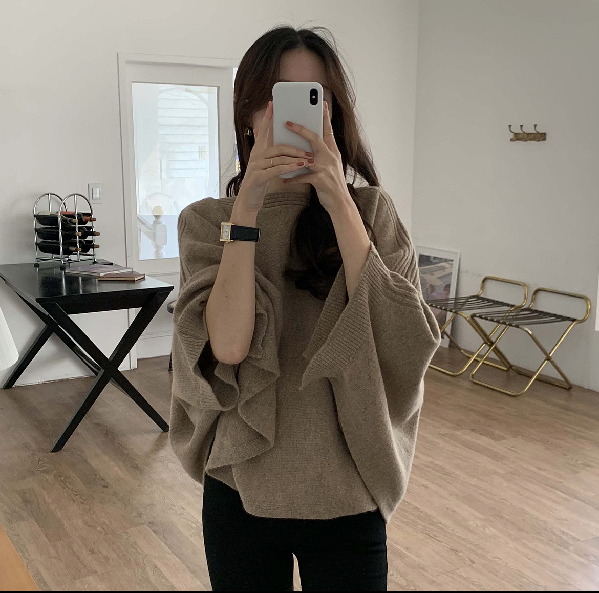 라올 캐시미어 보트넥 입술넥 판쵸 숄 망또 케이프 겨울 여성 여리 루즈핏 니트 이미지 4