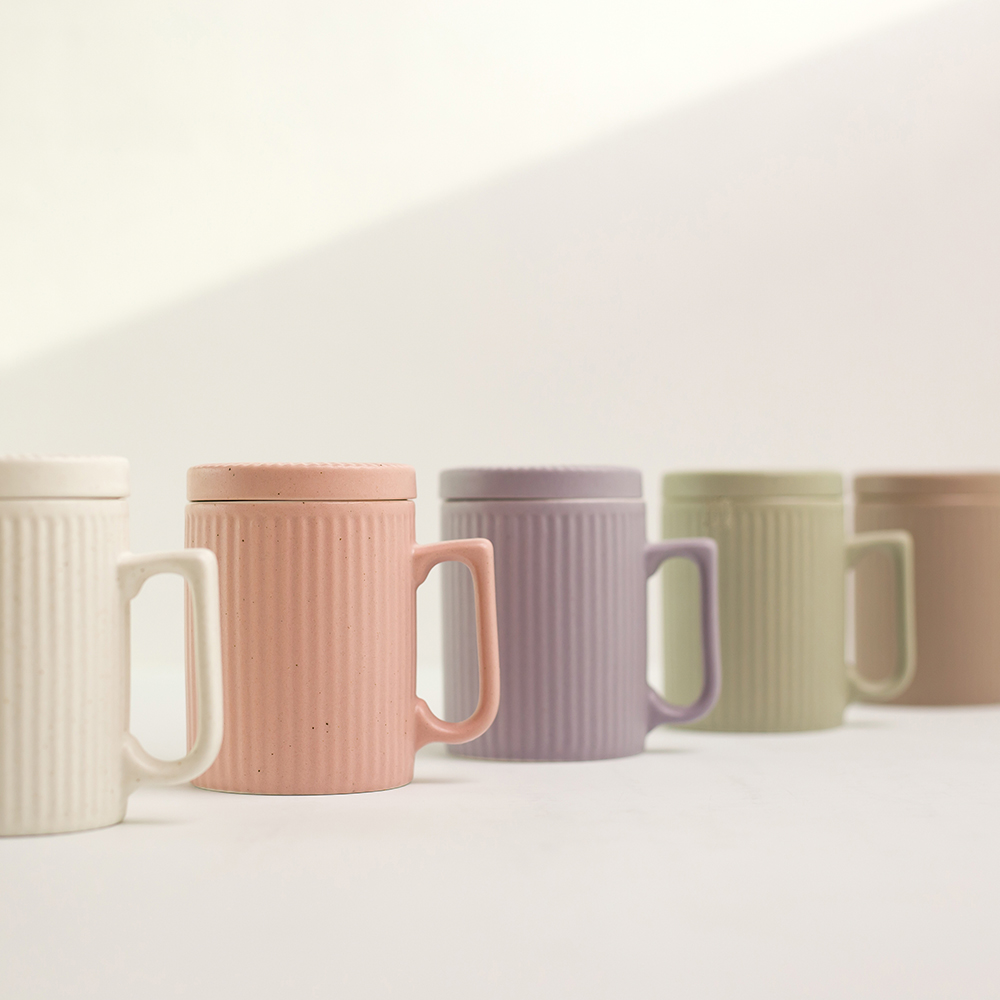 국산 플리츠 머그잔 도자기 머그컵세트 홈카페 뚜껑머그컵 물컵 350ml
