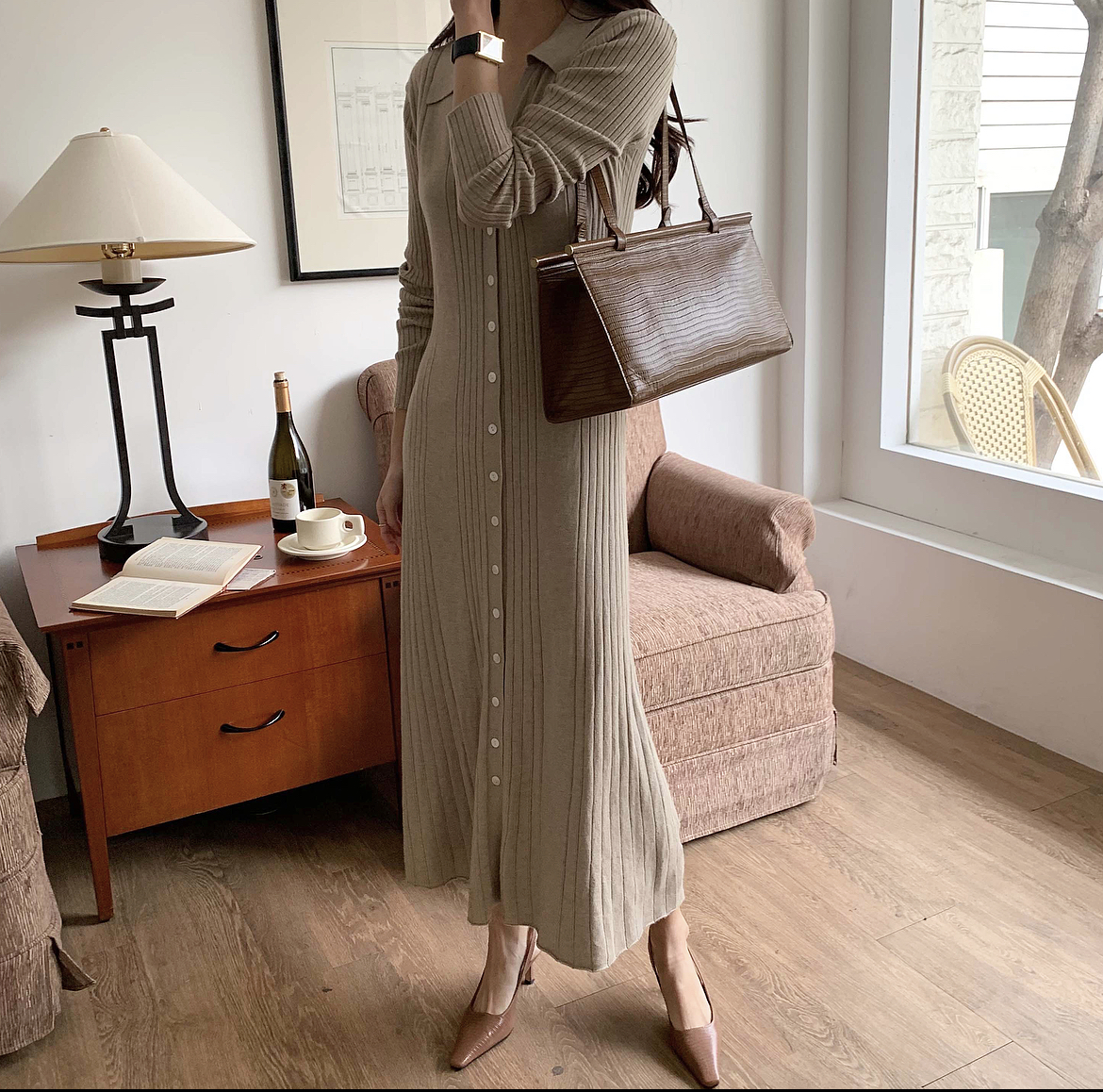 골든 겨울 여성 버튼 여리 슬림 골지 카라 브이넥 니트 맥시 롱 원피스(베이지,블랙)