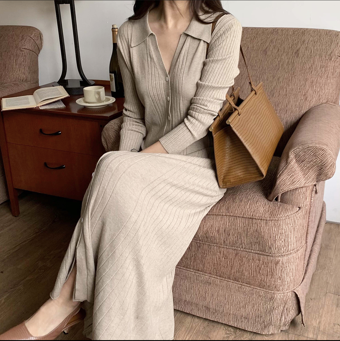 골든 겨울 여성 버튼 여리 슬림 골지 카라 브이넥 니트 맥시 롱 원피스(베이지,블랙)