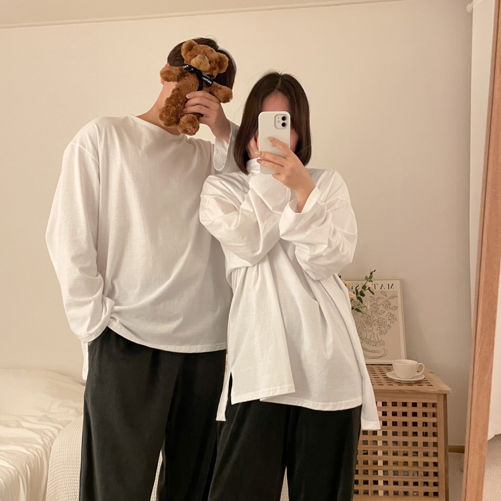 왕 오버핏 티셔츠 긴팔 롱 면 루즈핏 커플 박스티 - 상품 이미지