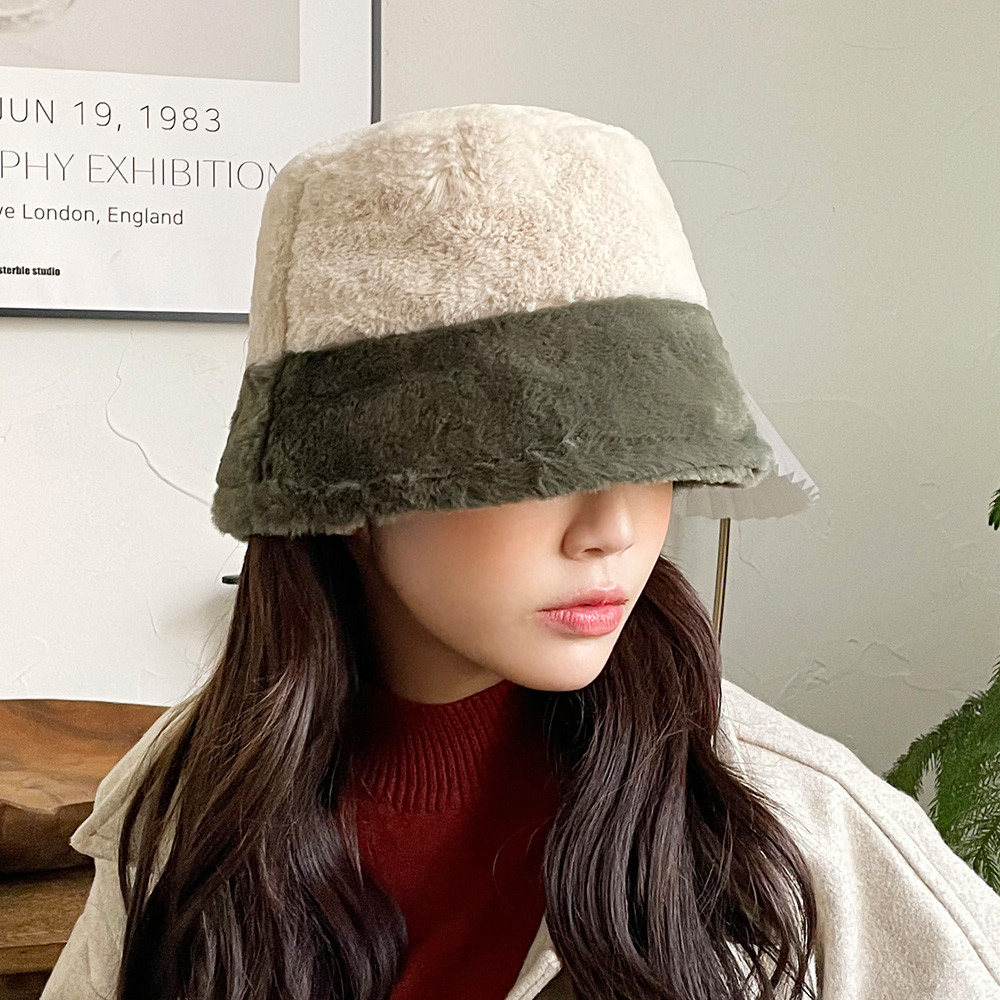 투톤 밍크털 여성 겨울 벙거지 버킷햇 - 상세 이미지 5