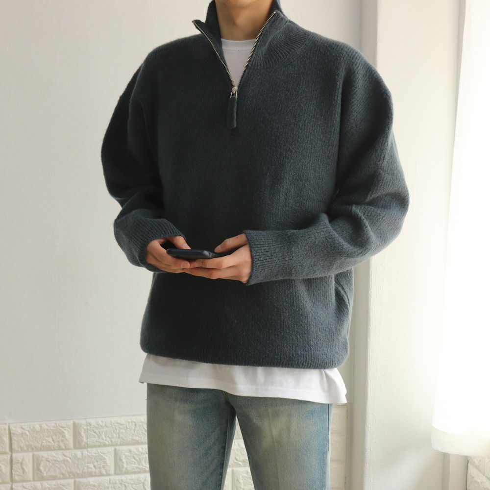 울 캐시미어 오버핏 고퀄리티 빅사이즈 캐주얼 하이넥 아노락 반집업 두꺼운 니트맨투맨티셔츠 이미지 4