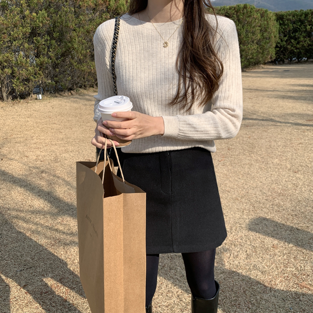 루즈핏 기본 골지 울 캐시미어니트 이너 라운드 가을 여성니트티 베이지 핑크