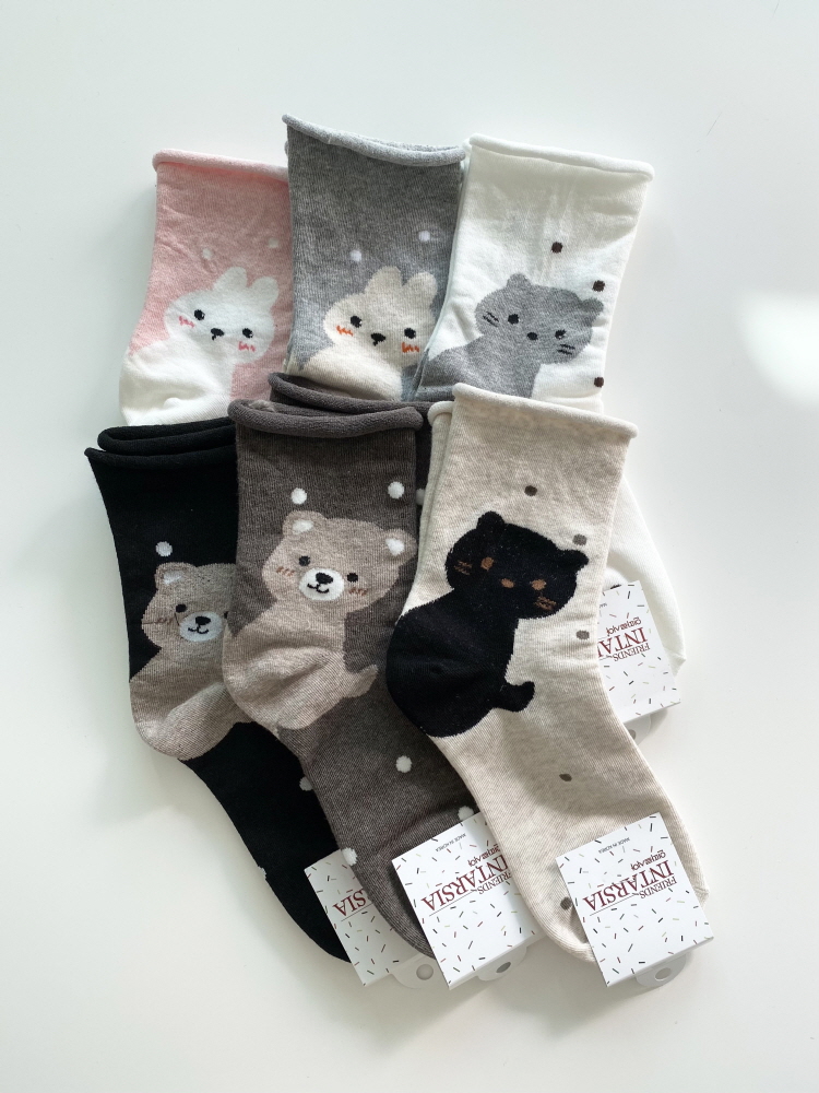 [인따르시아] 돌돌이 조임없는 고양이 곰돌이 동물 중목 양말 - 상품 이미지