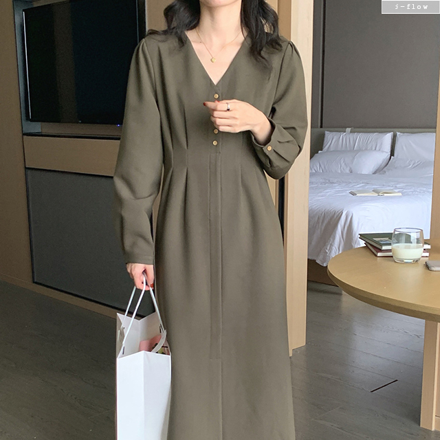 루프 맥시 브이넥 버튼 실키 롱원피스 3color 봄 가을 하객 모임 핀턱 제이플로우 - 상세 이미지 3