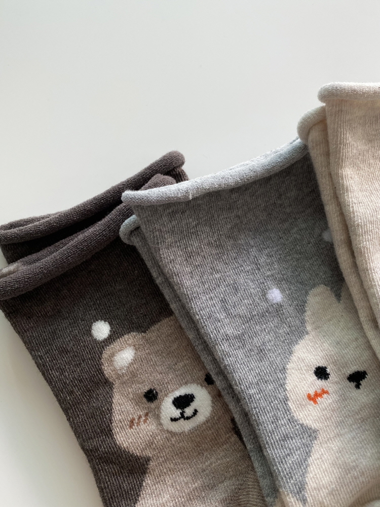 [인따르시아] 돌돌이 조임없는 고양이 곰돌이 동물 중목 양말 - 상세 이미지 3