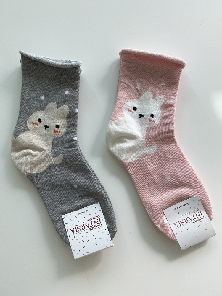 [인따르시아] 돌돌이 조임없는 고양이 곰돌이 동물 중목 양말 이미지 6