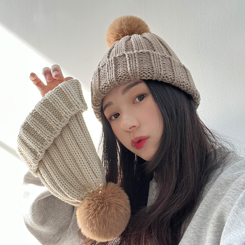 1+1 밍크 퍼 방울 털 모자 니트 비니 겨울 여성 스키 캠핑 이미지 6