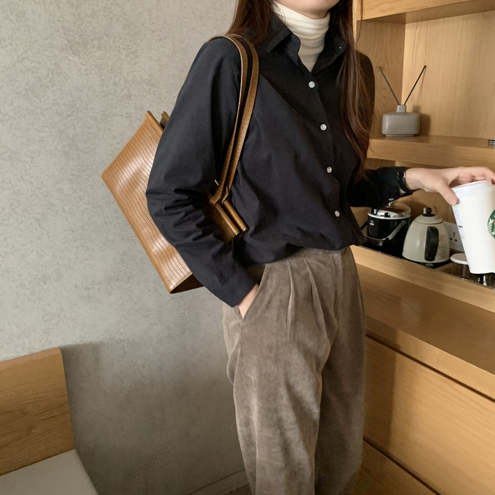 루즈핏 피치 기모 겨울 여성 레이어드 이너 코튼 셔츠 블라우스 남방 드뮤어룩 - 상세 이미지 2