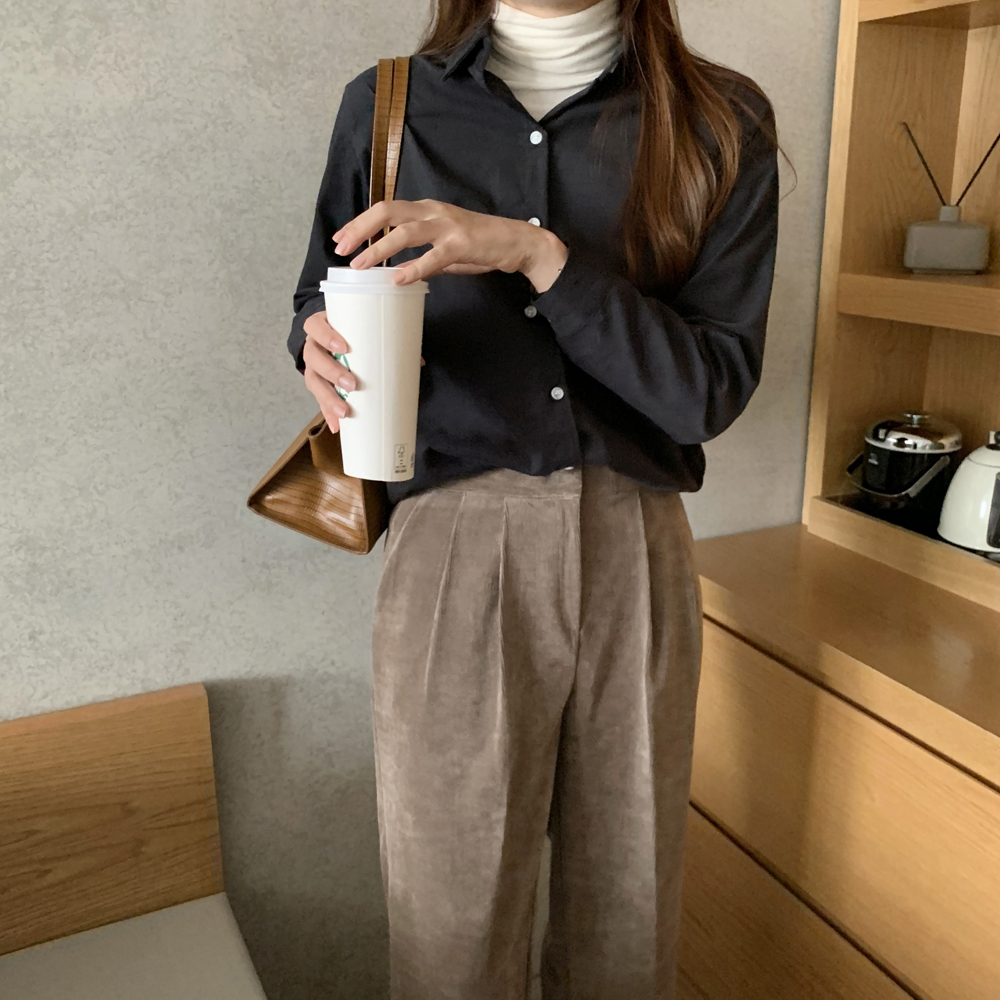 루즈핏 피치 기모 겨울 여성 레이어드 이너 코튼 셔츠 블라우스 남방 드뮤어룩 - 상세 이미지 3