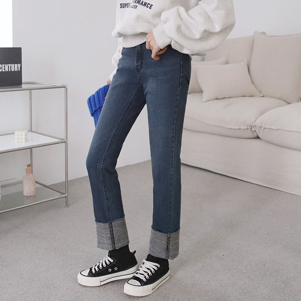 기모 히든밴딩 빅사이즈 스판 롤업 일자 데님 청바지 팬츠 이미지 3