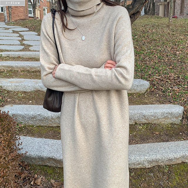 캐시미어 폴라 롱 니트 원피스 코디
