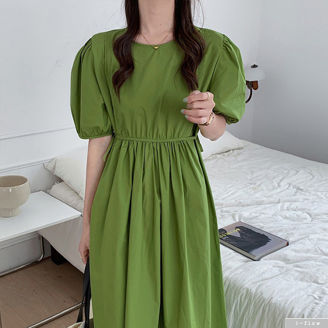 베스 핀턱 허리끈 코튼 롱원피스 4color 제이플로우 여름 퍼프 루즈핏 핏조절 스트링 - 상세 이미지 3