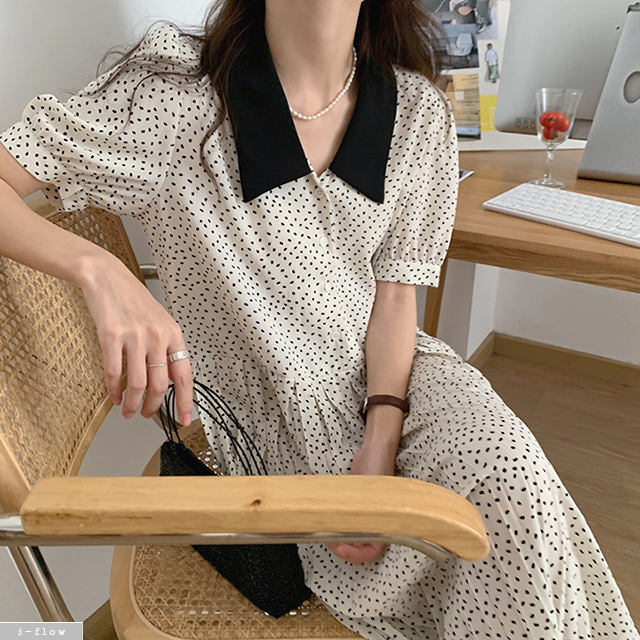 렌느 도트 카라 플리츠 쉬폰 롱원피스 2color 제이플로우 여름 퍼프 주름 버튼 루즈핏 - 상품 이미지