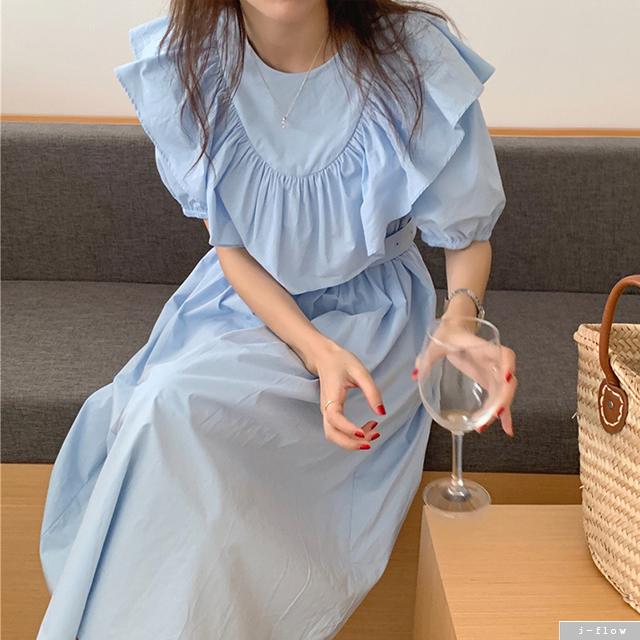 하퍼 프릴 코튼 벨트 퍼프 롱원피스 2color 제이플로우 여름 루즈핏 소매밴딩 로맨틱 - 상세 이미지 2