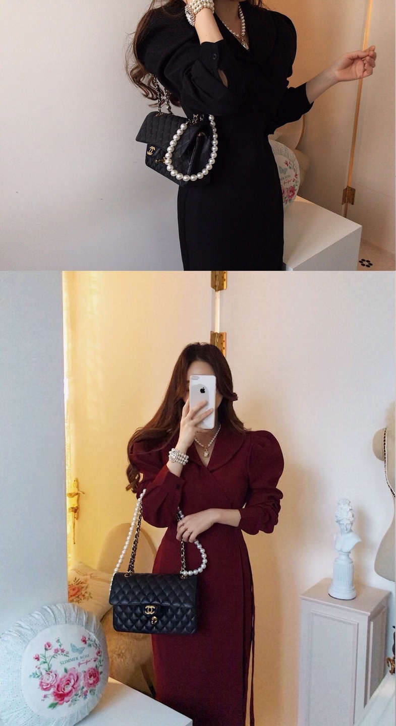 2color 인더로즈 커브드 카라 퍼프 랩 롱원피스 [비비아레이디] - 상품 이미지