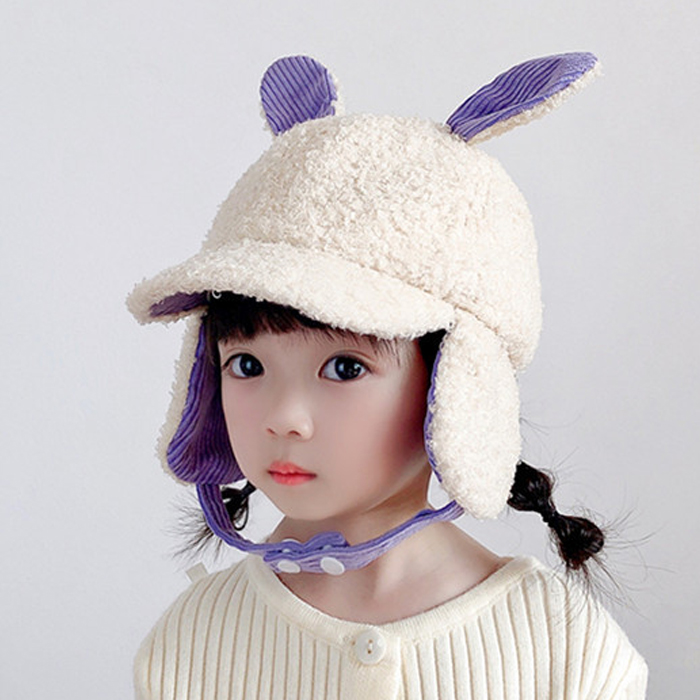 겨울 유아 아동 여아 초등 어린이 털 방한 토끼 귀달이 캡 모자 - 상세 이미지 3
