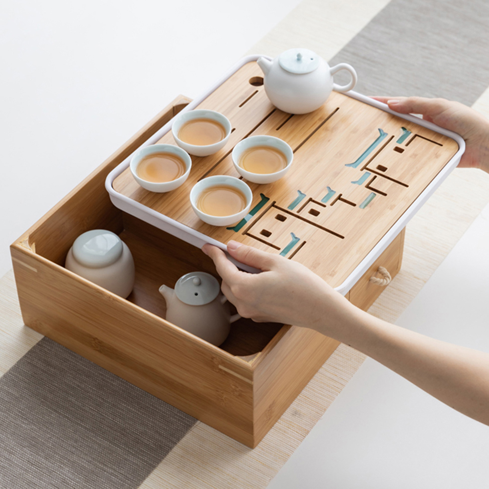 더큰솔 올인원 대나무 차판 보관함 자사호 다관 다도 차통 퇴수기 차탁 다기 수납 트레이