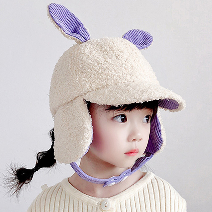 겨울 유아 아동 여아 초등 어린이 털 방한 토끼 귀달이 캡 모자 - 상세 이미지 4