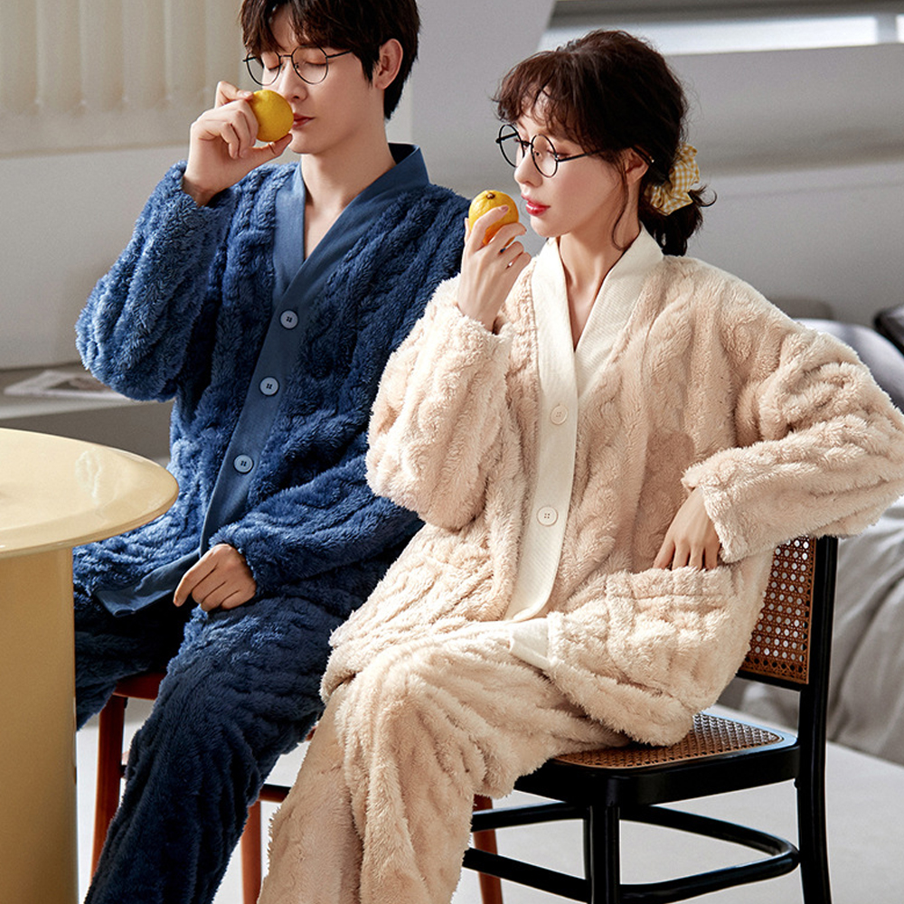 겨울 극세사 커플잠옷 꽈배기 벨벳 홈웨어 신혼 수면잠옷 세트 - 상세 이미지 2