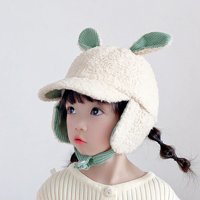 겨울 유아 아동 여아 초등 어린이 털 방한 토끼 귀달이 캡 모자 - 상세 이미지 2