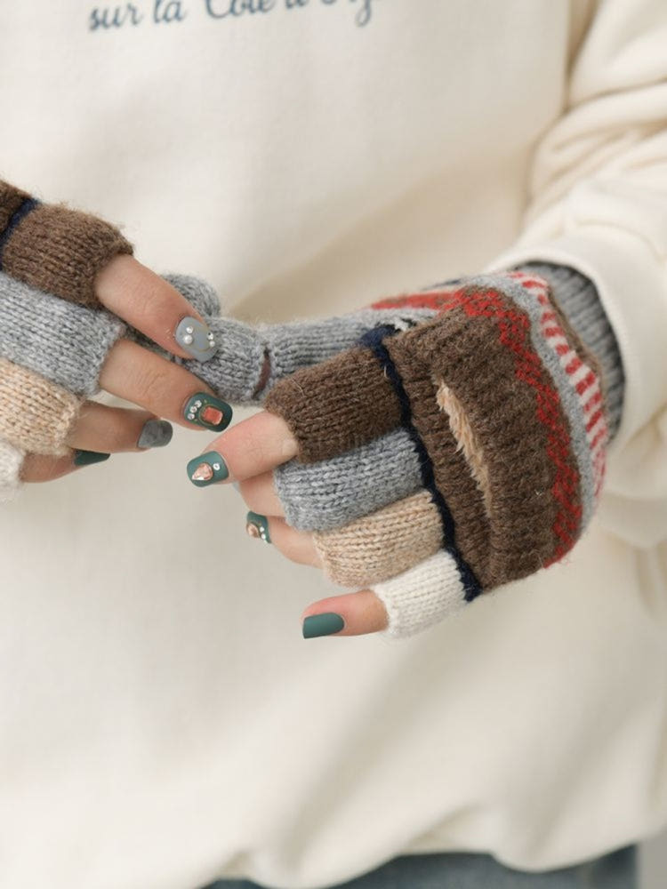 겨울 에스닉 패턴 울 니트 뚜껑 벙어리 손가락 오픈형 반장갑 장갑 4컬러
