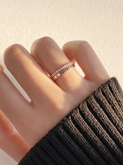 (무배/실버925) 14k 로즈골드 2종세트 플랫 & 큐빅 레이어드 반지 가드링