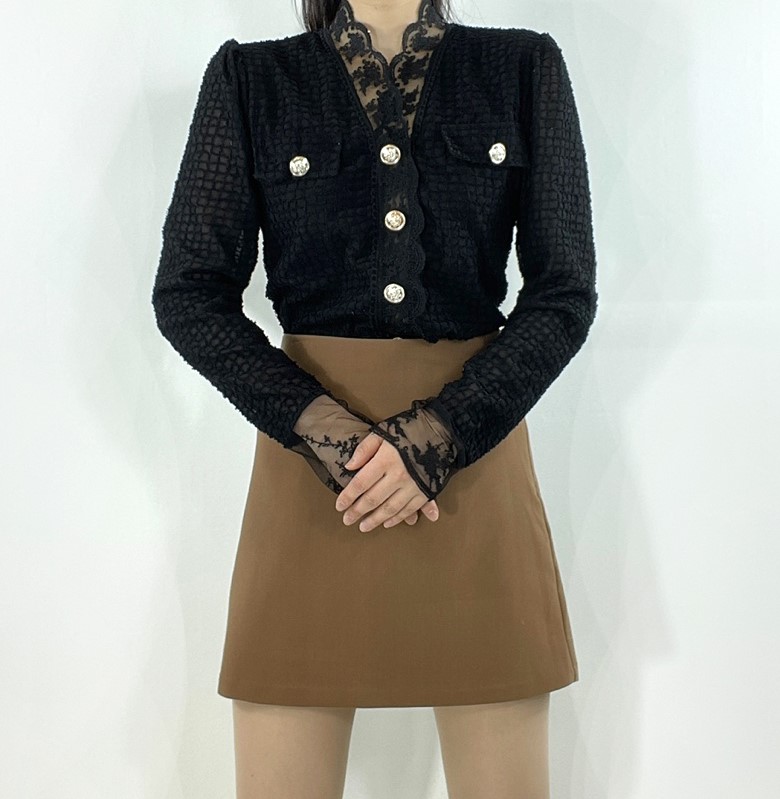 시크 Y레이스 넥 자수 격자 부클 시스루 블라우스 앤틱 단추 이미지 8