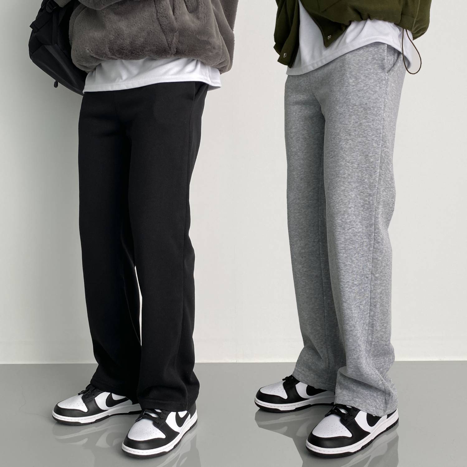 롱 기모 와이드 스웻팬츠 회색 통큰바지 - 상품 이미지