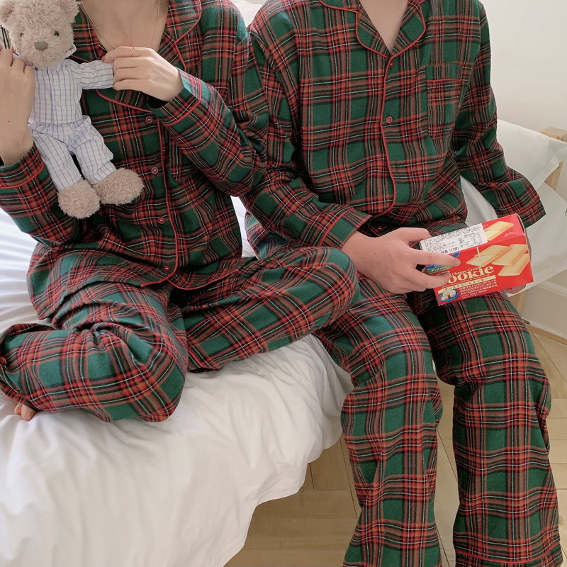 오로니 타탄 체크 커플 잠옷 크리스마스 피치기모 겨울 신혼 우정 투피스 파자마 홈웨어