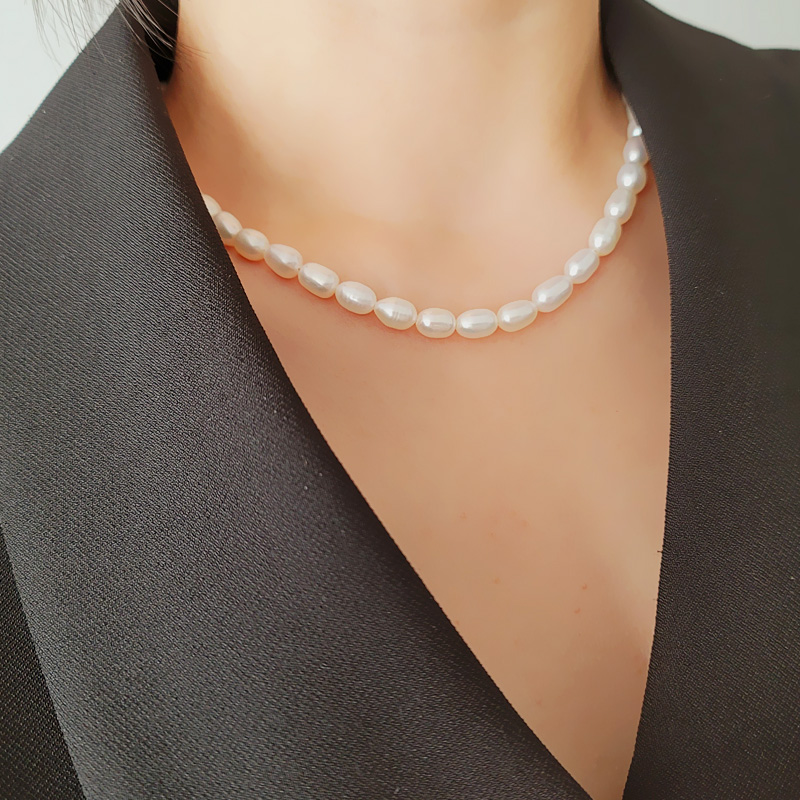 925실버 담수 진주 목걸이 6가지 3mm 쌀알 10mm 볼드 천연 - 상세 이미지 4