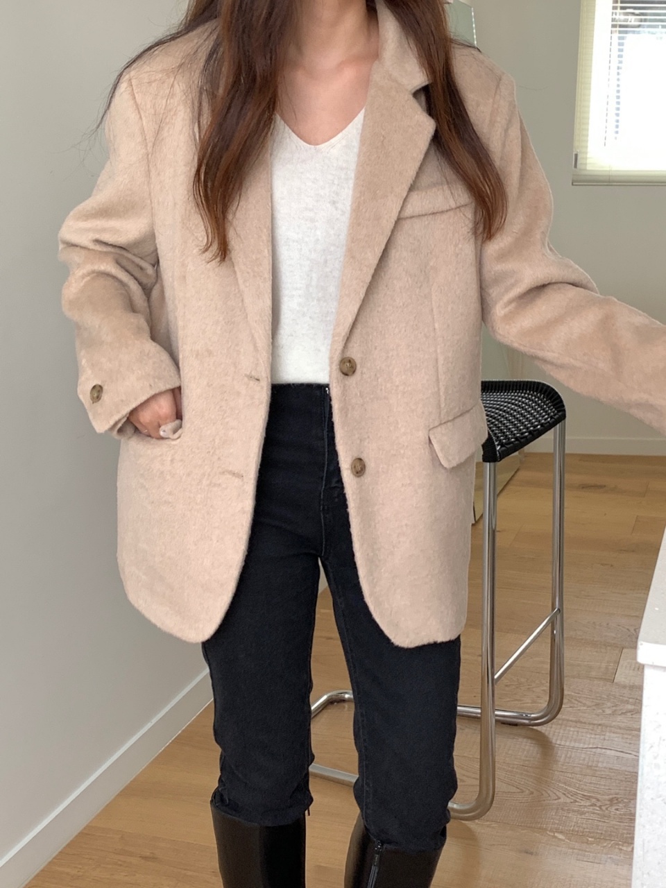 고급 모헤어 오버핏 블레이저 여성자켓 가을 겨울 여자 울자켓 베이지 이미지 4