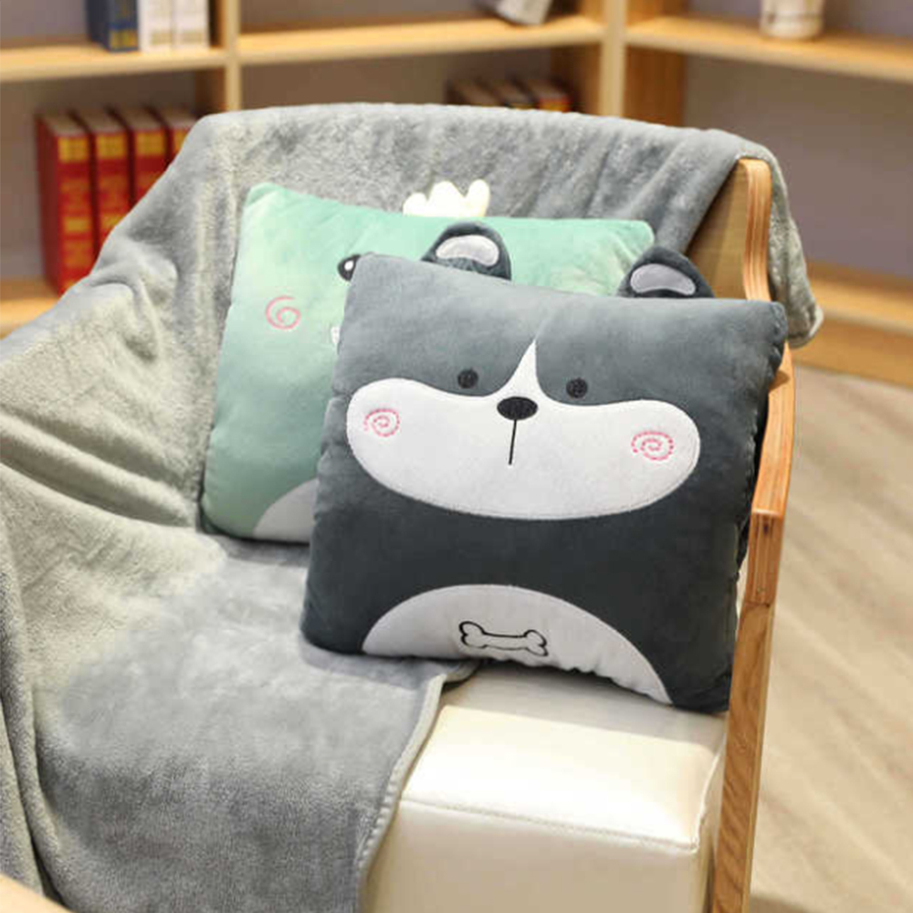 쿠션담요 극세사 차량용 무릎 담요 차량 기내용 여행용 쿠션 다크그레이 강아지