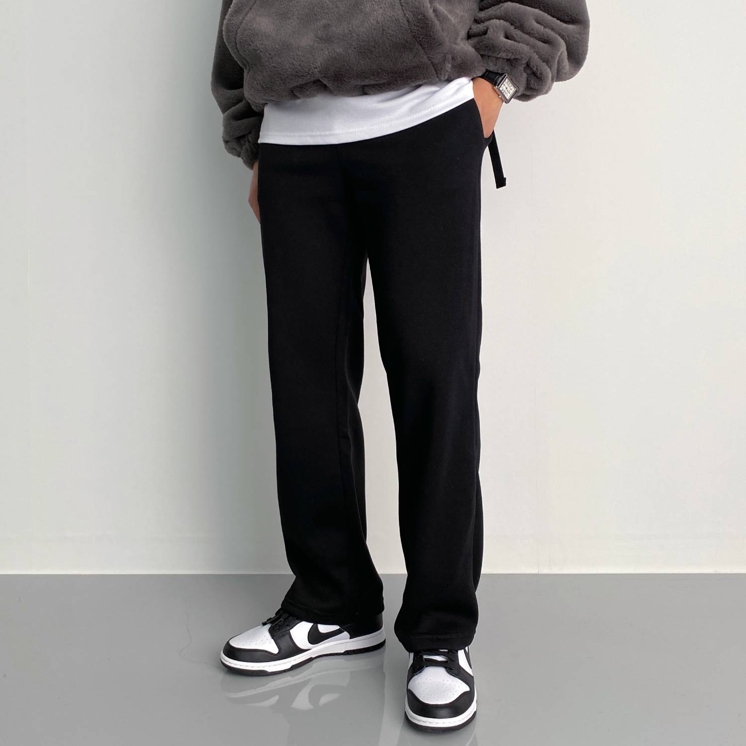 롱 기모 와이드 스웻팬츠 회색 통큰바지 - 상세 이미지 4