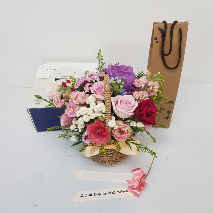 핑크 꽃바구니 결혼기념일 부모님 생신 칠순 축하 리본 꽃다발 꽃배달 꽃배달전문 장미 꽃