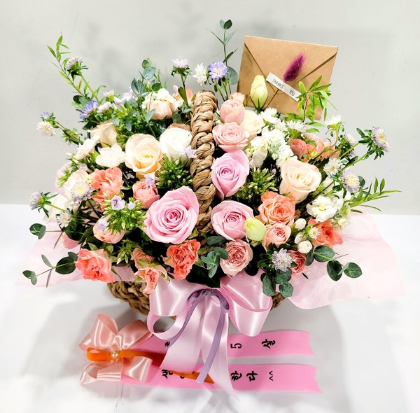 그린&핑크 꽃바구니 당일 배송 서비스 환갑 승진 축하 생일 선물 여자친구 꽃다발 꽃배달 - 상품 이미지