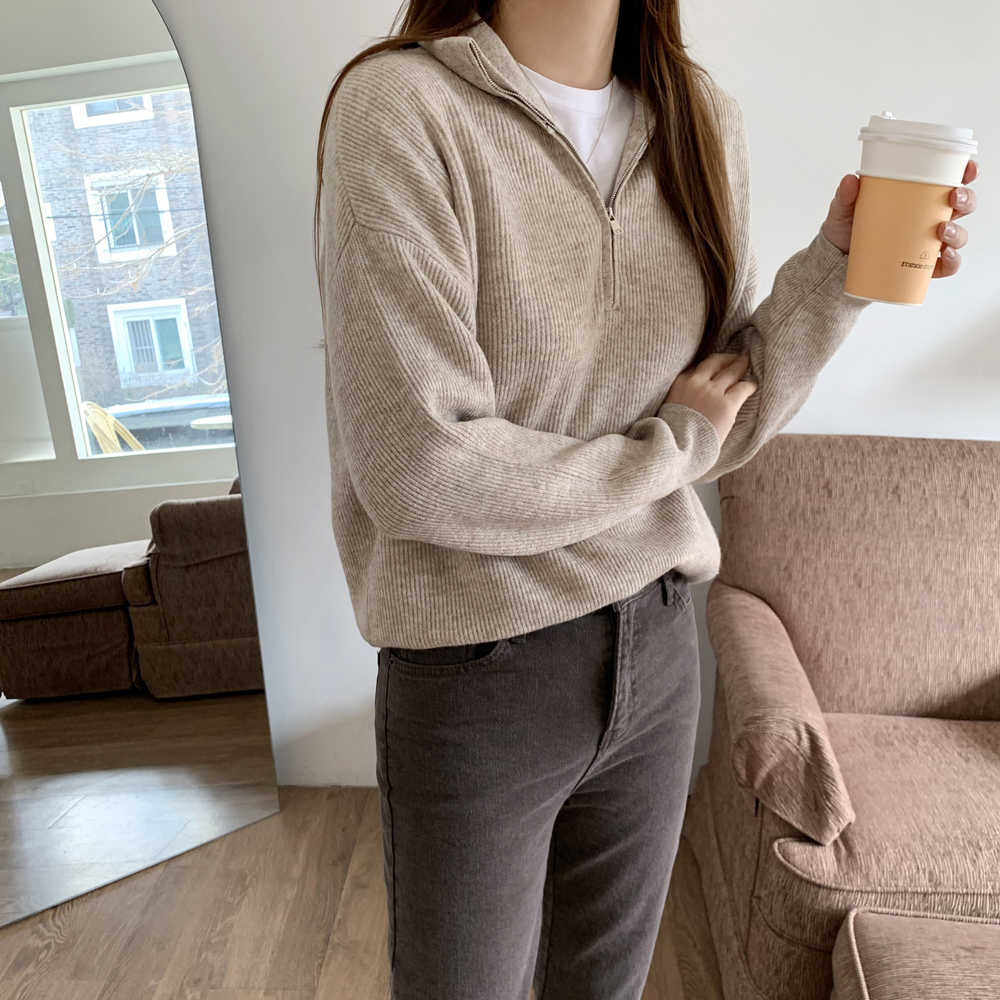 루즈핏 울 반집업 니트 하프 하이넥 아노락 골지 니트 가을 겨울 여성 니트 집업 스웨터