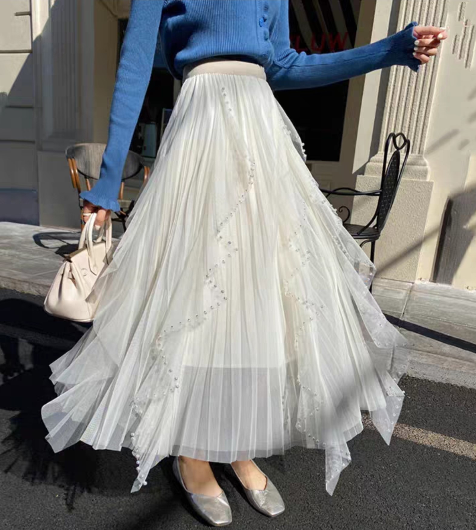 프릴 진주 셔링 3겹 샤 망사 튜튜 롱스커트 진주아이보리