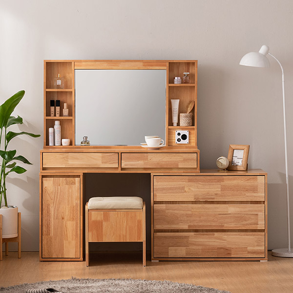 [삼익가구]로우드 3단서랍형 LED조명 확장형 원목 화장대 세트(스툴포함)