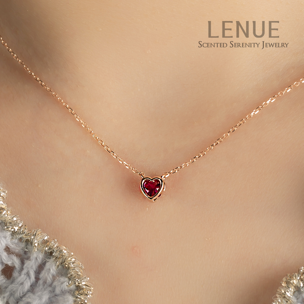 레뉴 루비 컬러 큐빅 하트 캐보션 목걸이 / 14K 골드 레드 빨강 여자친구 생일 선물 - 상세 이미지 3