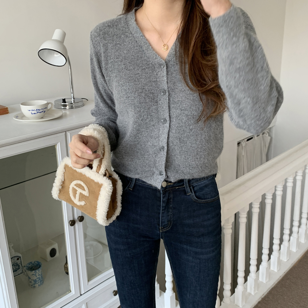 루즈핏 폭스 퍼 울 여성 니트가디건 브이넥 크롭 가디건 숏 미니 여자 가디건 가을 간절기