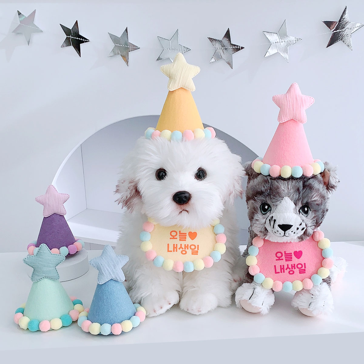 [무료배송] 캔디폼폼 고깔+케이프 생일파티세트 강아지 고양이 선물 - 상품 이미지