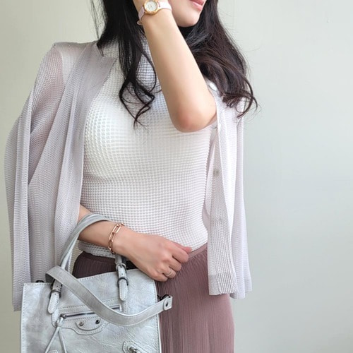 플리츠 메쉬 망사 시스루 볼륨소매 비비드 칼라 가디건 카디건 자켓 - 상품 이미지