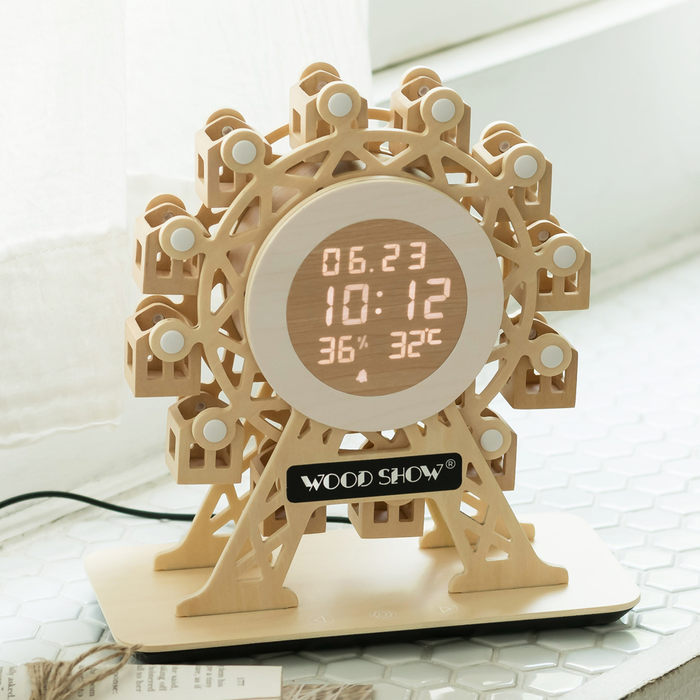 플라이토 우드 무빙 관람차 인테리어 알람 온습도 전자 디지털 무소음 LED 탁상시계