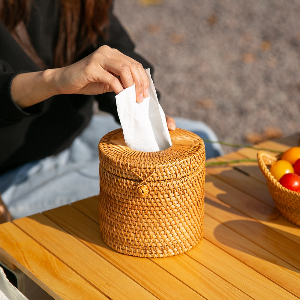 라탄 원목 원형 휴지 티슈 두루마리 갑티슈 케이스 커버 화장대 식탁