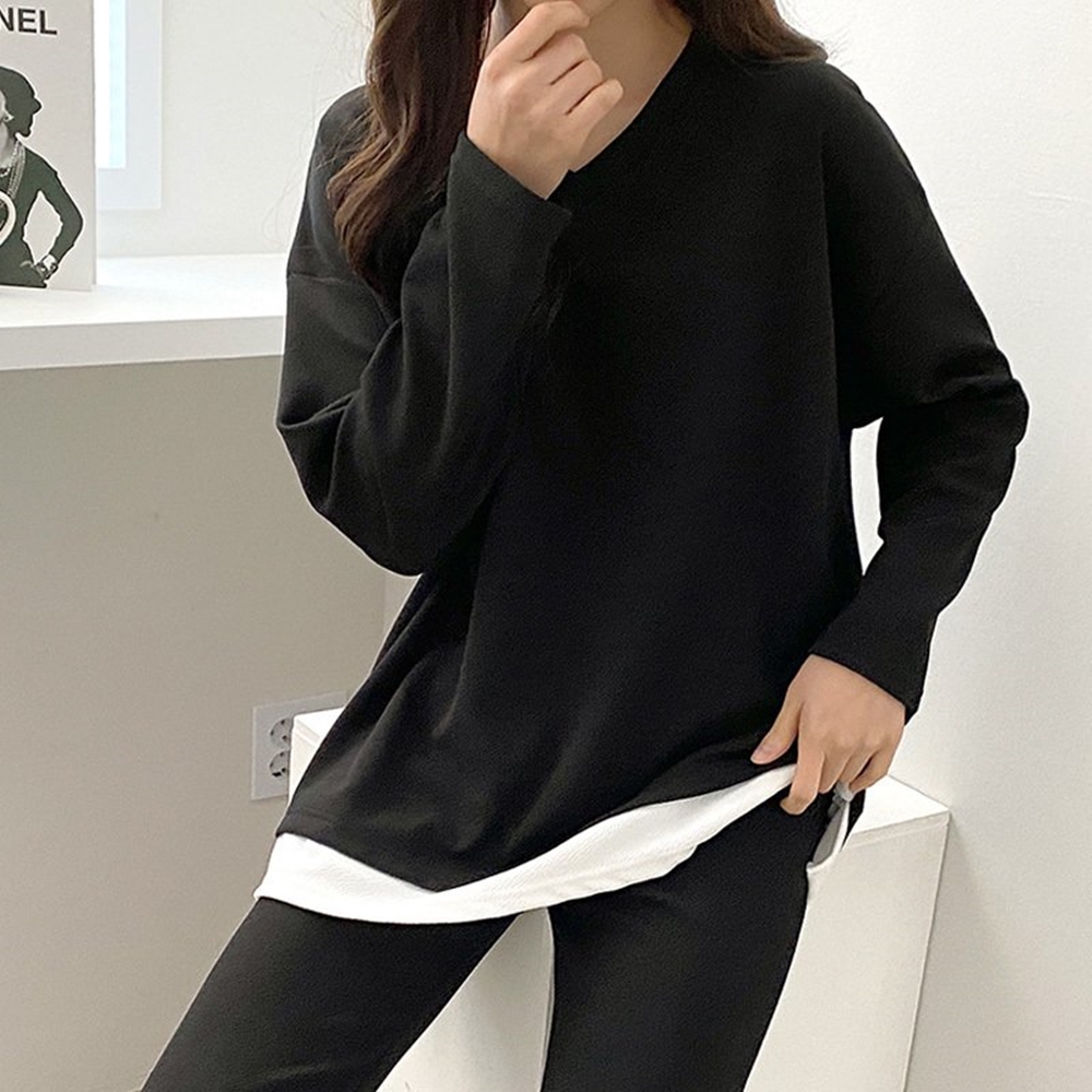 여성 빅사이즈 투피스세트 봄 가을 레이어드 부츠컷 팬츠 상하 세트 엄마등원룩 - 상세 이미지 3
