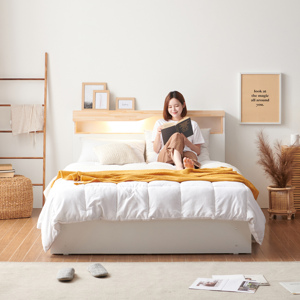 마리안 LED 조명 편백나무 원목 수납 침대 프레임 SS