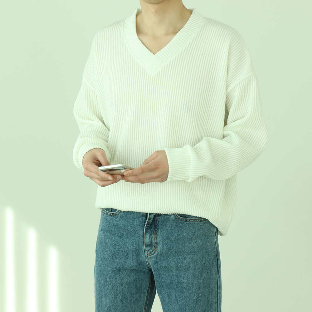 골지 오버핏 빅사이즈 시보리 스판 구김없는 링클프리 봄 가을 겨울 브이넥 니트맨투맨티셔츠 이미지 3